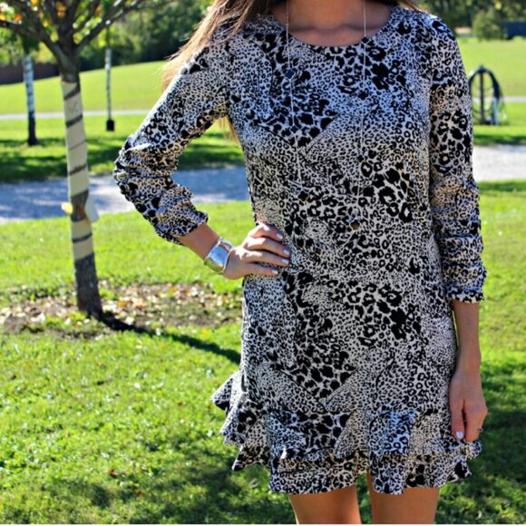 NWT DKNY Black White Leopard Print Silk Blend Ruffled Tiered Mini Dress Size 4 - Picture 15 of 16